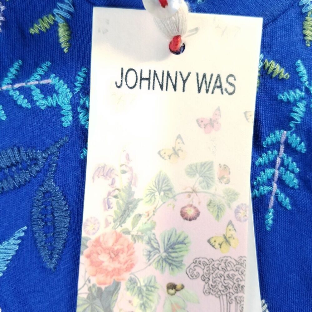 Johnny Was Oriel Flutter Sleeve Tee Shirt Size XS Blue Embroidered Boho Chic NEW - Picture 2 of 11